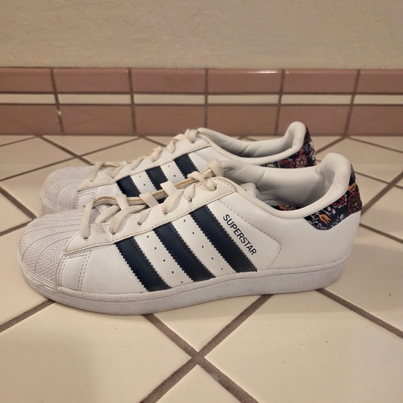 adidas Shoes - Adidas Superstar White Navy Floral Paisley Heel Sneakers S80481 Womens 7.5
